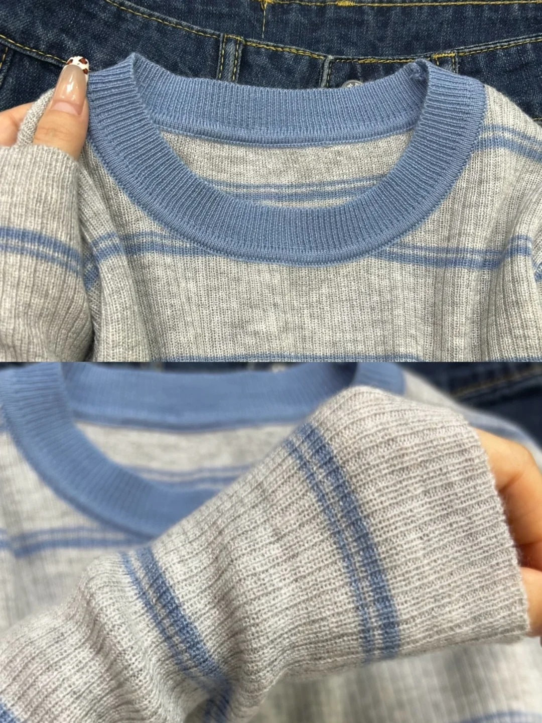 Blue and Gray Contrast Lightweight Knit Sweater