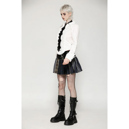 Mini-jupe plissée Dark in Love en patchwork tartan sauge et taille en cuir