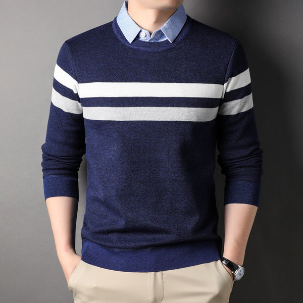 Men's Two Pieces Shirt Collar Striped Sweater - Stuffs & Savers