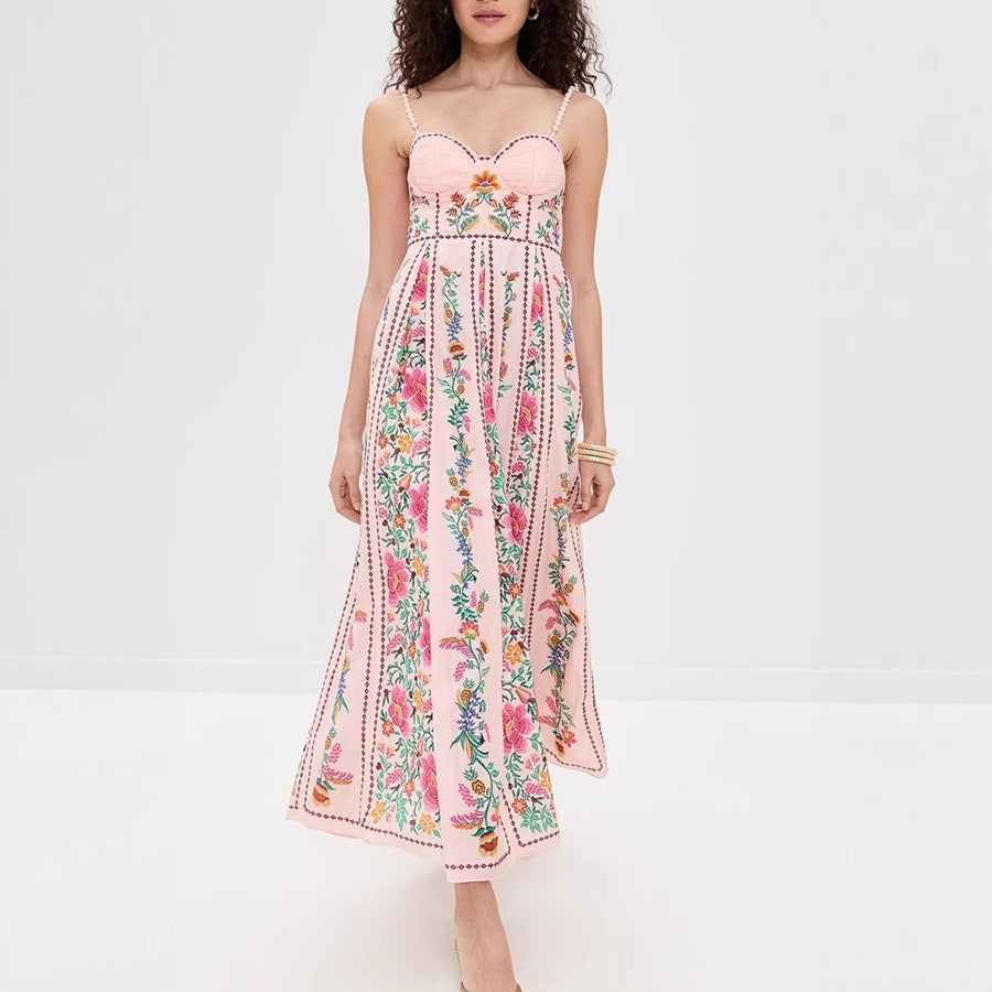 Decorative Beads Sling Positioning Print Dress