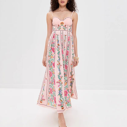 Decorative Beads Sling Positioning Print Dress