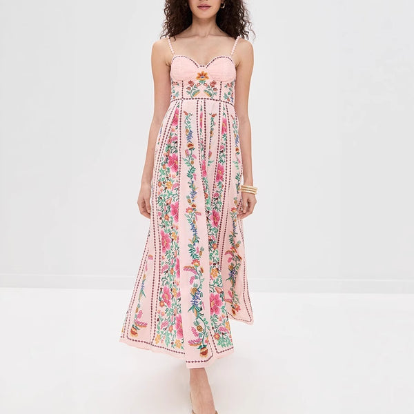 Robe imprimée à bretelles et perles décoratives
