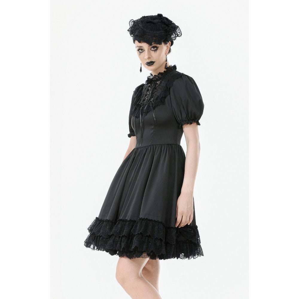 Robe Gothique Noire Dark in Love Belladonna à Manches Bouffantes et Col Montant Lacé