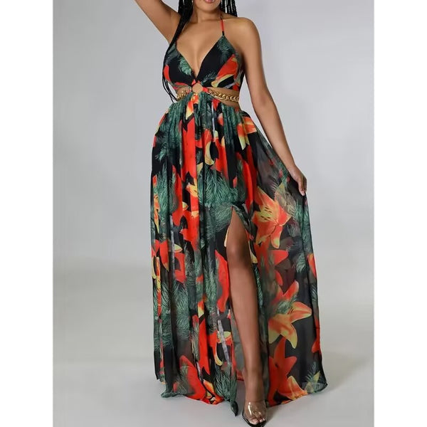 Floral Print Backless Side-Slit Dress