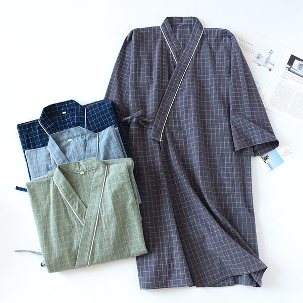 Peignoir Kimono Japonais Homme Printemps et Été en Gaze de Coton Lavé