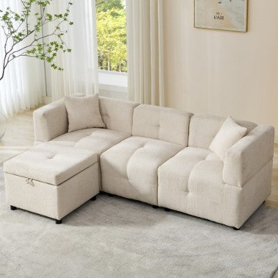 80 Sectional Sofa Couch With Removable Storage Ottoman, Fabric Sofa For Living Room Apartment, L-Shaped Sofa With 2 Pillows For Home Apartment Office Living Room, Beige
