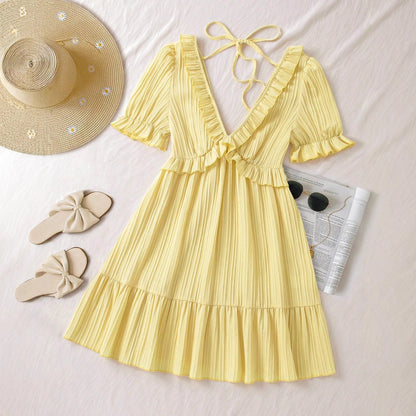 French-Style V-Neck Lace-Up All-Match Dress