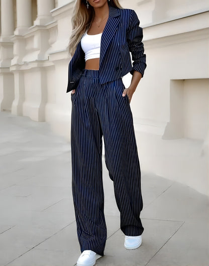 Striped Lapel Cropped Top Pants