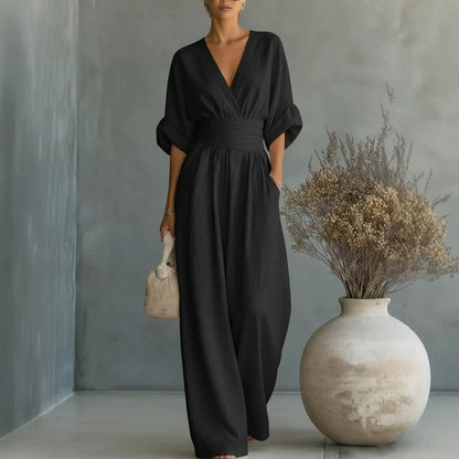 Women's V-Neck Wide-Leg Pleated Jumpsuit