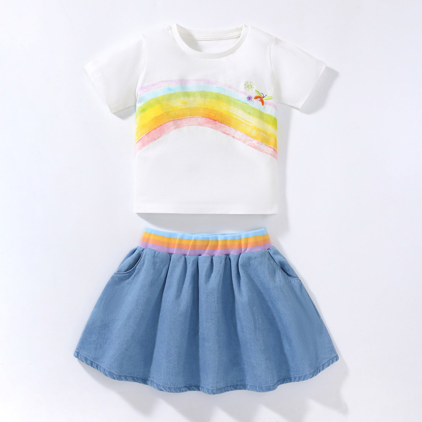 Summer Girls' Short Sleeved T-shirt Denim Skirt Set