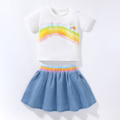Summer Girls' Short Sleeved T-shirt Denim Skirt Set