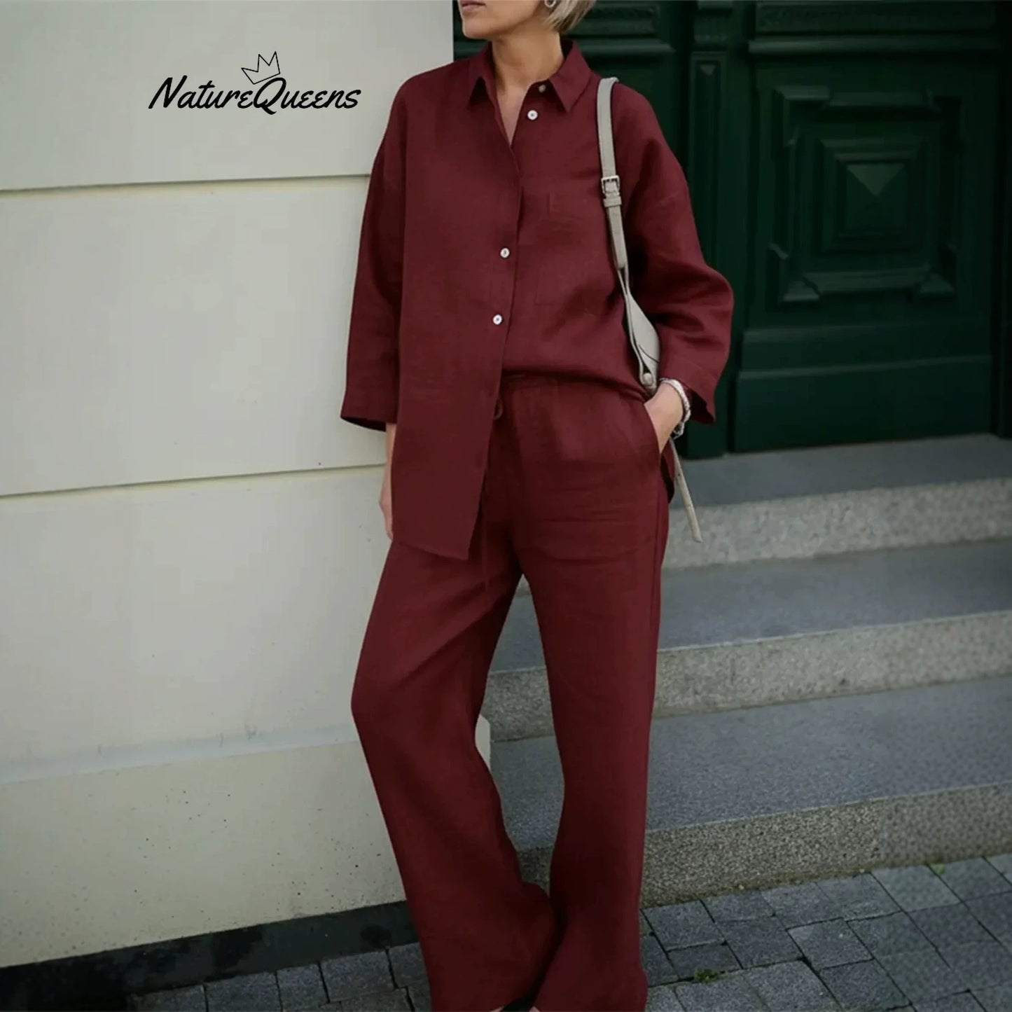 Womens Casual Solid-Color Shirt-and-Loose-Pants Set
