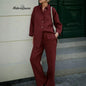 Womens Casual Solid-Color Shirt-and-Loose-Pants Set