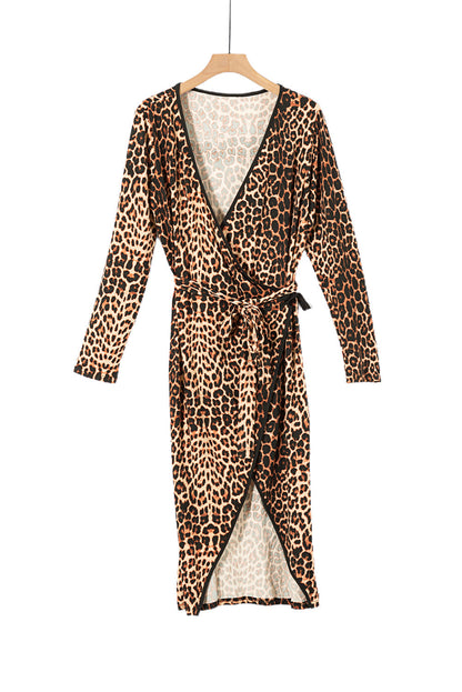 Brown Leopard Wrap V Neck Plus size Dress with A Slit