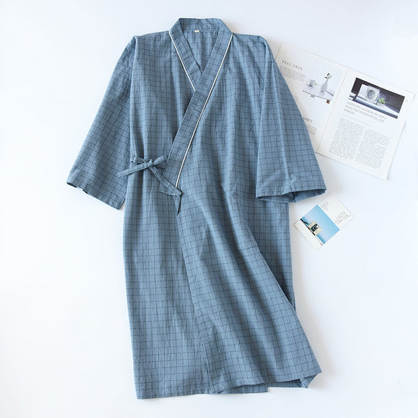 Peignoir Kimono Japonais Homme Printemps et Été en Gaze de Coton Lavé
