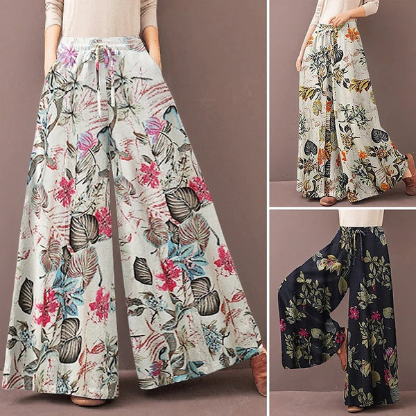 Women's Floral Wide Leg Trousers - Elastic Waist Casual Pants