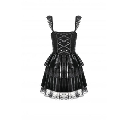 Dark in Love Nocturne Ruffled Velvet Lace Goth Dress in Black