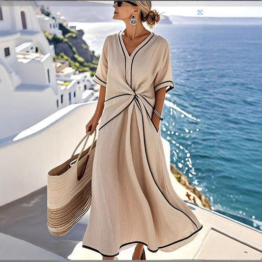 Loose Striped Short-Sleeve Maxi Dress