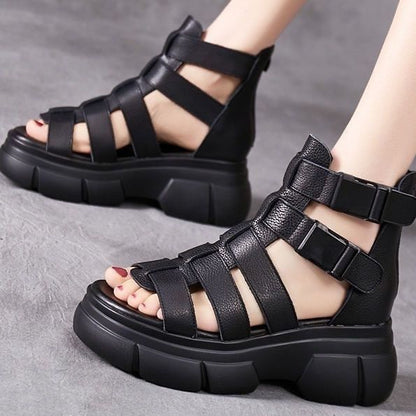 Sandales Rétro Élégantes à Plateforme Évidée en Cuir pour Femmes