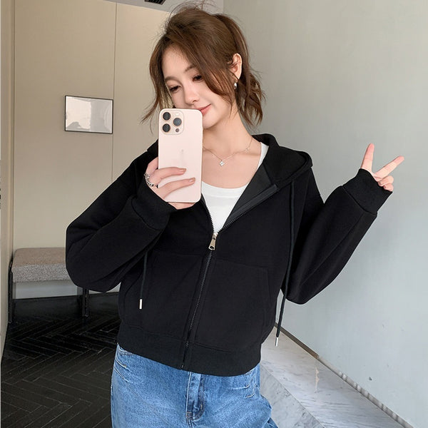 Hooded Zipper Short Sweater Coat For Women Spring And Autumn