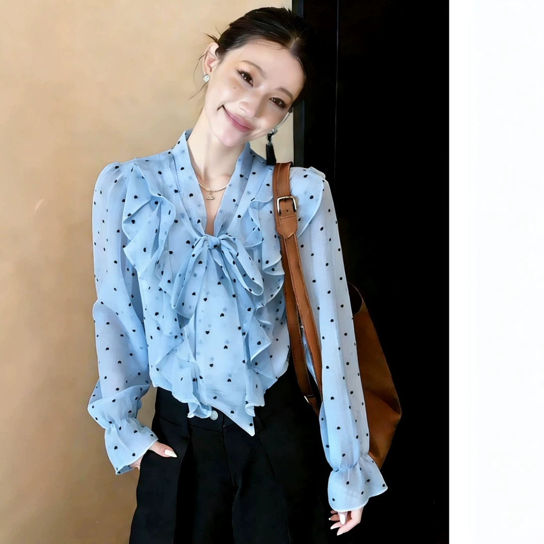 Polka-Dot Ruffle-Bow Chiffon Shirt