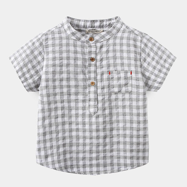 Children's Cotton Blue Short-sleeved Shirt Fashion Casual Short-sleeved Plaid Shirt - Stuffs & Savers