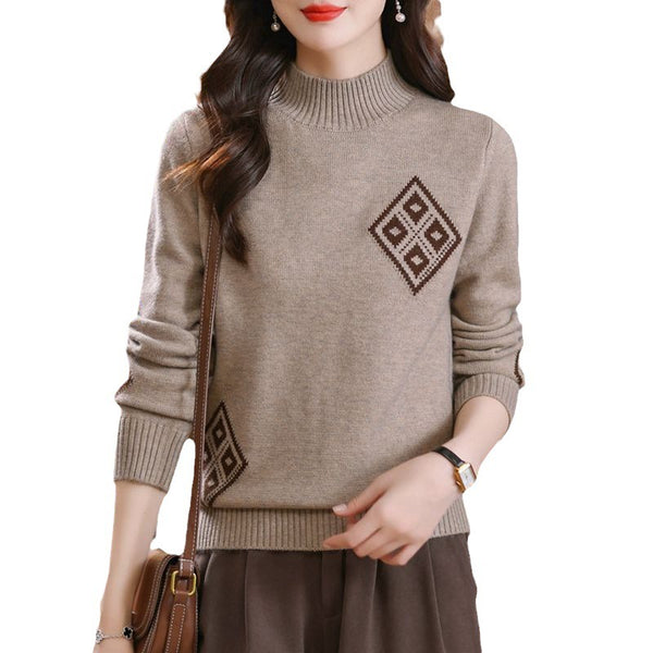 Womens Mock Neck Sweater Top Plaid Colorblock Knitted - Stuffs & Savers