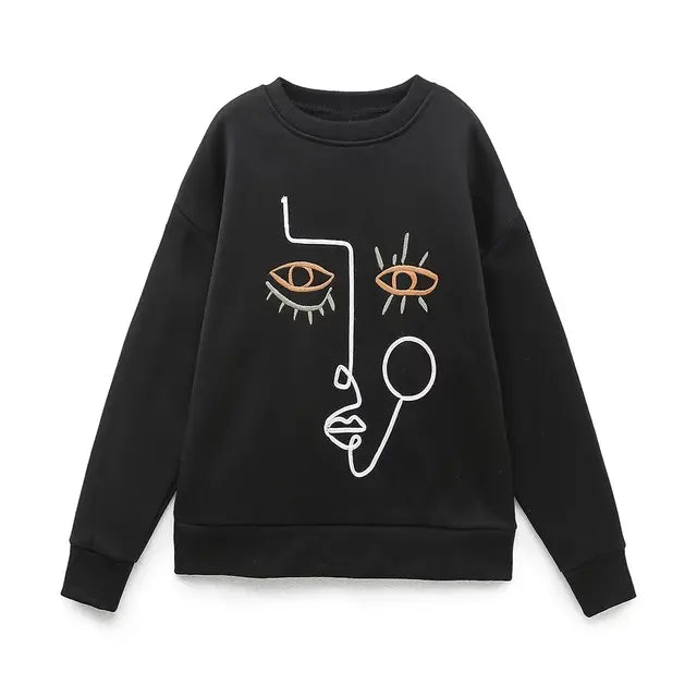 Zevity Women Fashion Abstract Pattern Embroidery Casual Fleece Sweatshirts Female Long Sleeve Hoodies Chic Pullovers Tops H3090