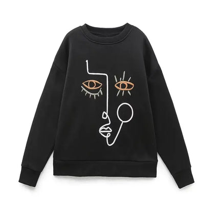 Zevity Women Fashion Abstract Pattern Embroidery Casual Fleece Sweatshirts Female Long Sleeve Hoodies Chic Pullovers Tops H3090