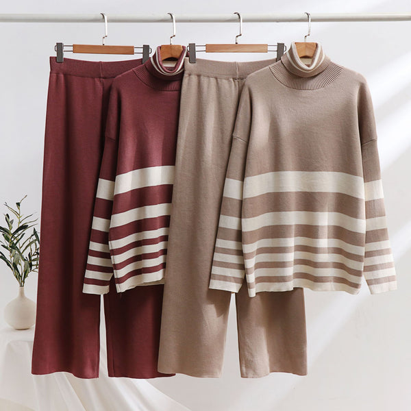 knitted sweater, high waist loose wide leg pants set,