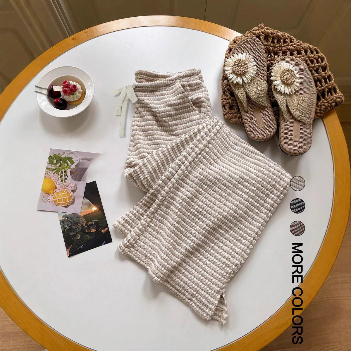 Loose striped drawstring waistband pocket casual pants