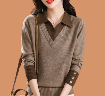 Fake two woolen sweaters women's color blocked base sweater