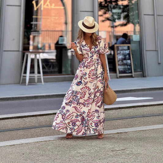 Printing Ruffled Short Sleeves Dress