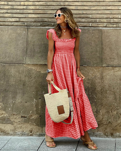 Womens Plaid Print Pleated Ruffle Dress