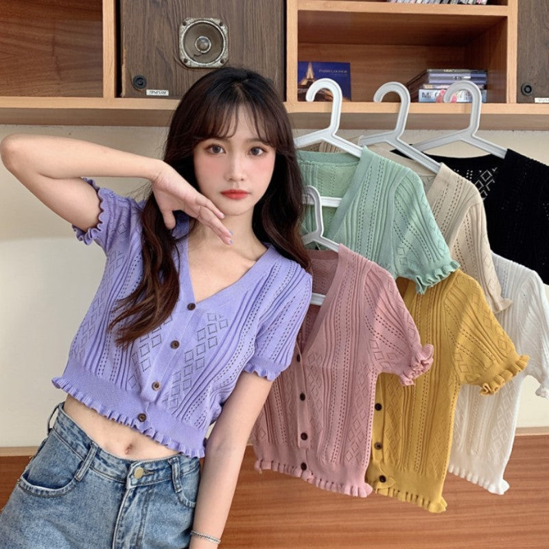 Retro V-neck Short Top Cardigan