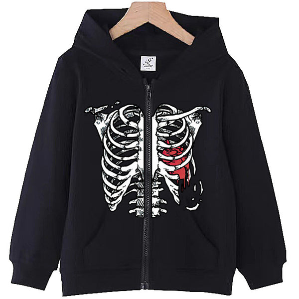 Ribbed Heart Print Zip-Up Casual Loose hoodies