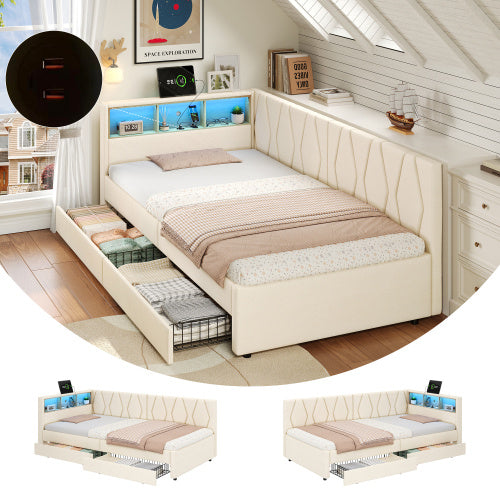 3ft Single Daybed With Two Storage Drawers, LED Modern Bed Frame With Charging Station, Linen Sofa Bed For Living Room Bedroom Study Room, 90X190cm, Easy Assembly, Beige