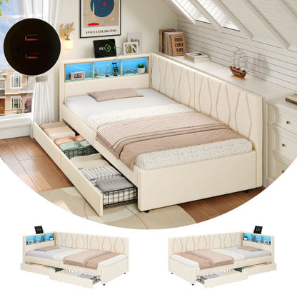 3ft Single Daybed With Two Storage Drawers, LED Modern Bed Frame With Charging Station, Linen Sofa Bed For Living Room Bedroom Study Room, 90X190cm, Easy Assembly, Beige