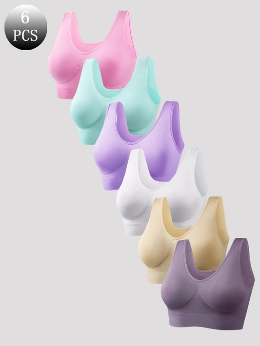 Soutiens-gorge de sport sans armatures pour femmes, lot de 6 – Respirants, maintien moyen, sans rembourrage, dos nu sans couture pour yoga et course à pied