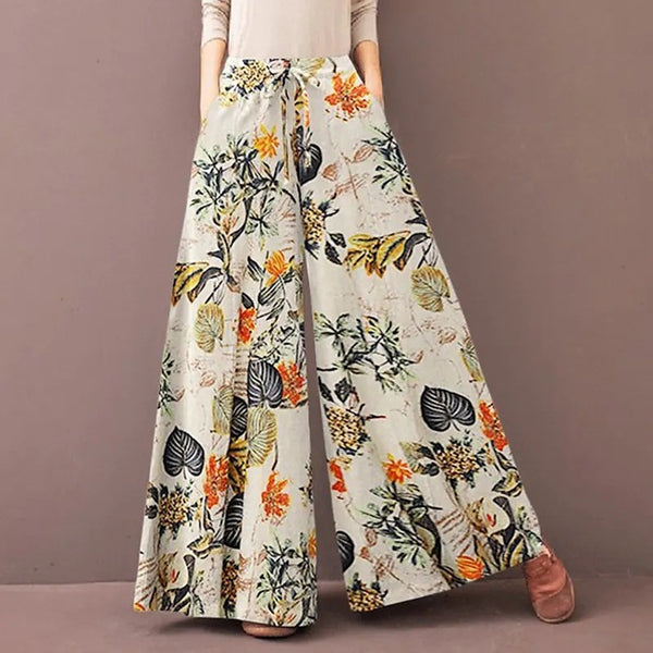 Women's Floral Wide Leg Trousers - Elastic Waist Casual Pants