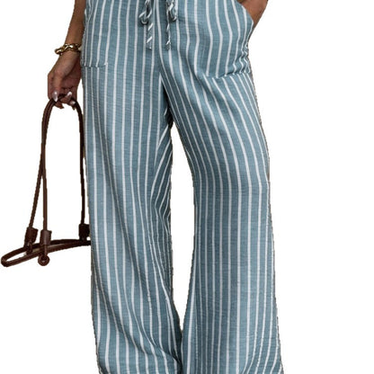 Striped Loose Commuter Casual Lace-up Elastic-waist Wide-leg Trousers
