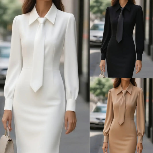 Waist Tie Long-Sleeve Midi Dress