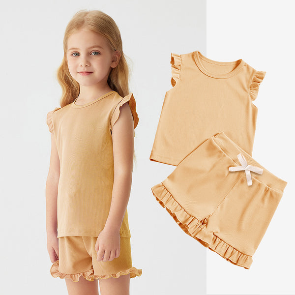 Girls' Solid-Colored Short-Sleeve Shorts Set