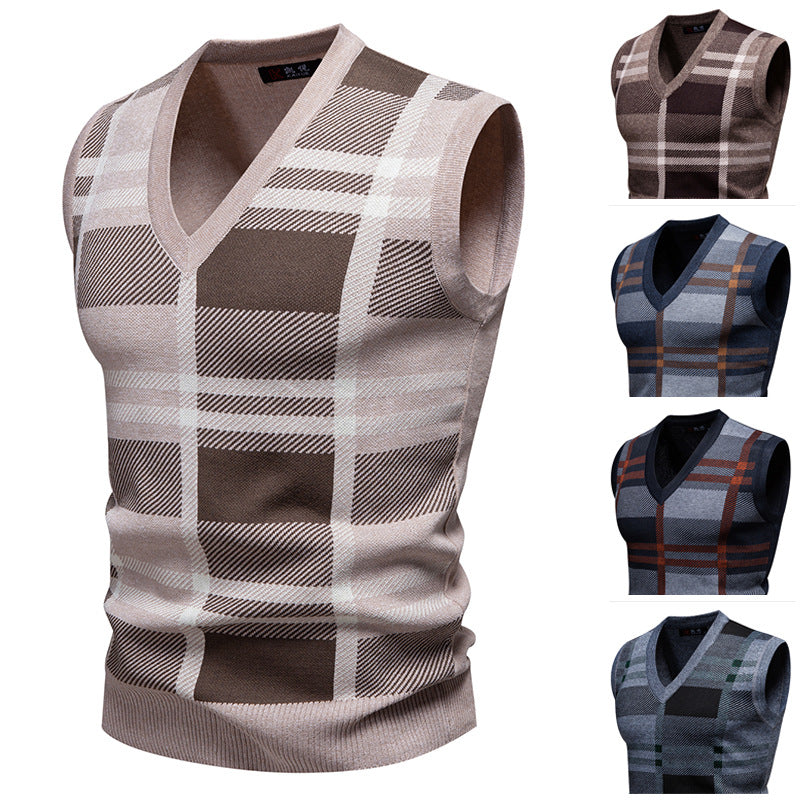 Sweater Knitwear Plaid V-Neck Pullover Casual Vest