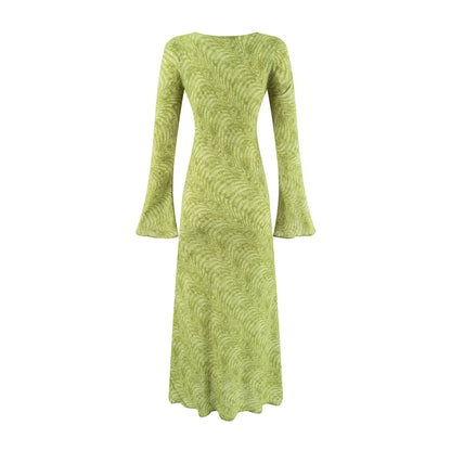 Print Round Neck Flare Sleeve Fitted Dress
