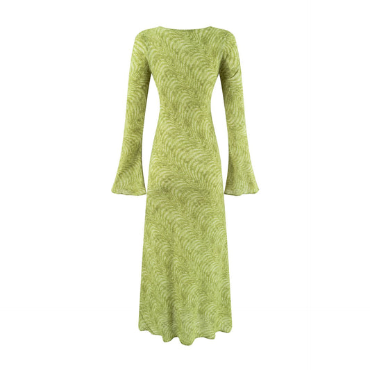 Print Round Neck Flare Sleeve Fitted Dress