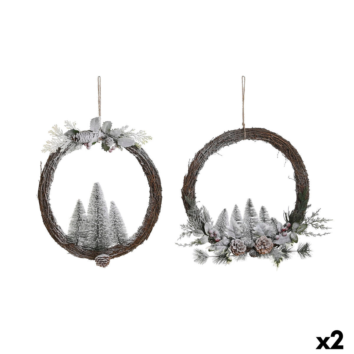 Advent wreathe DKD Home Decor Natural wicker Pineapple Snowfall 46 x 7 x 46 cm (2 Units)