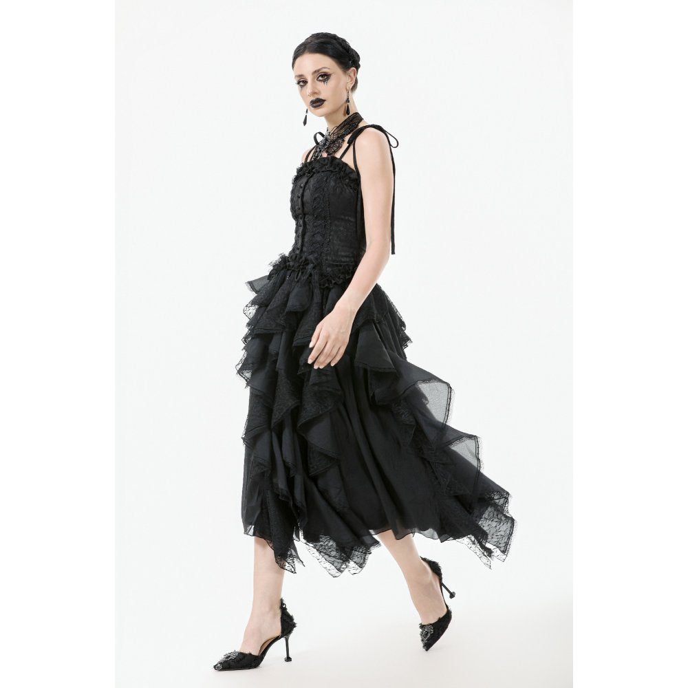 Dark in Love Morrigan Ruffled Goth Midi Skirt in Black
