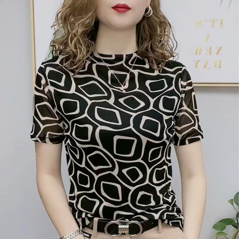 Womens Double Layer Mesh Floral Print T-shirt Stretch