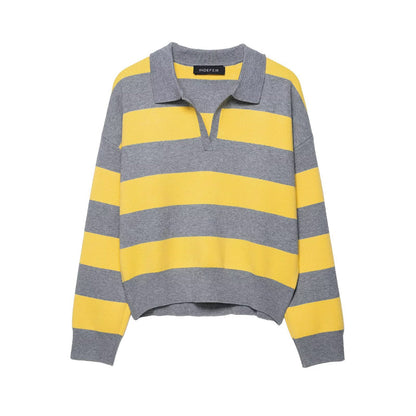 Striped polo shirt collar knit sweater